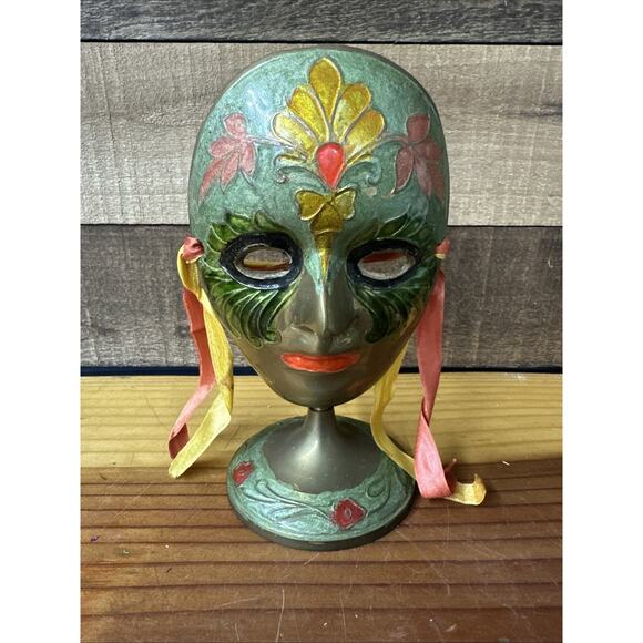 Vtg Brass Mask Mardi Gras Tribal Hand Painted on Brass Stand Made in India 7” - Picture 1 of 5